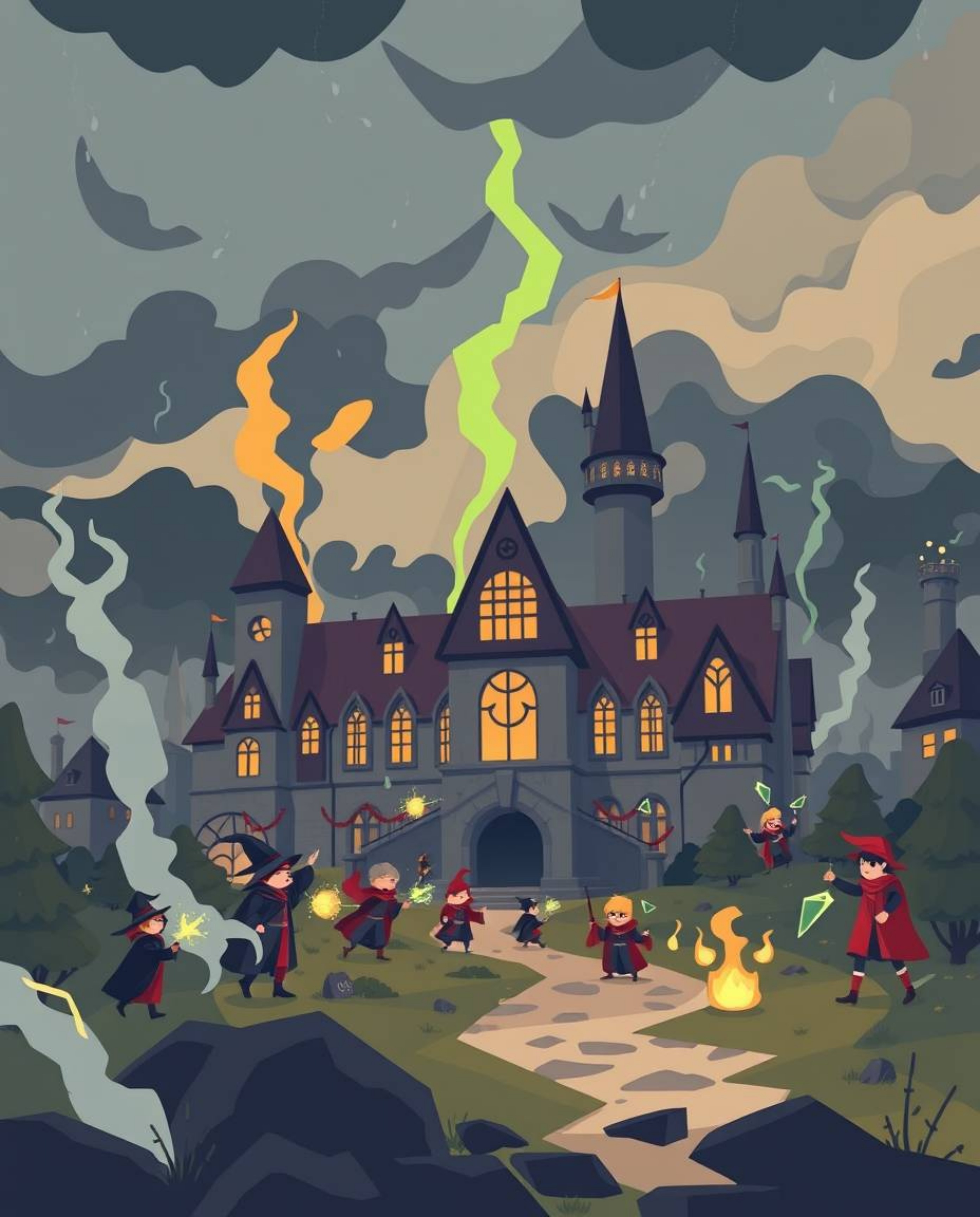 A captivating flat design illustration showcases a magical school teeming with young wizards.  Set against a dramatic backdro