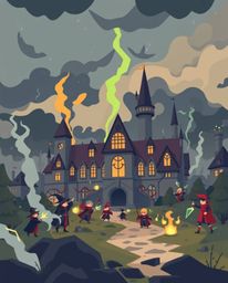 A captivating flat design illustration showcases a magical school teeming with young wizards. Set against a dramatic backdro