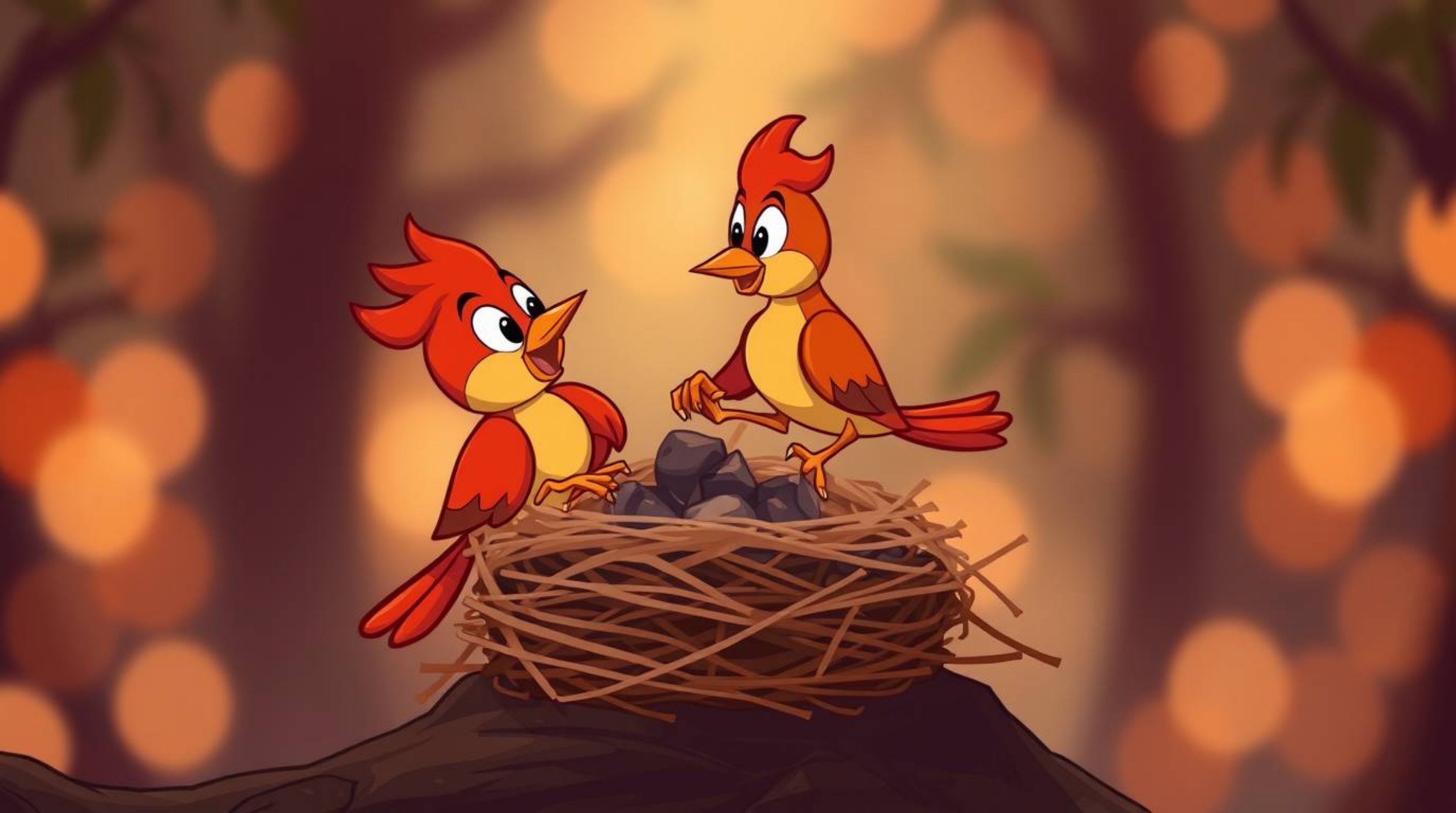 Delightful animation featuring two cartoon birds meticulously constructing their nest. Rendered in a classic animation style
