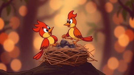 Delightful animation featuring two cartoon birds meticulously constructing their nest. Rendered in a classic animation style