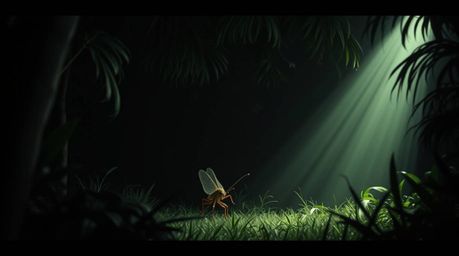 A captivating short film showcasing a bug-sized hero navigating a dense backyard jungle.  Intense lighting and shadow play cr