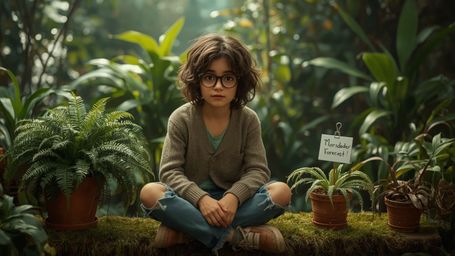 In a breathtakingly vibrant and whimsical cinematic photograph, a bespectacled homeschooled genius with curly brown hair sits