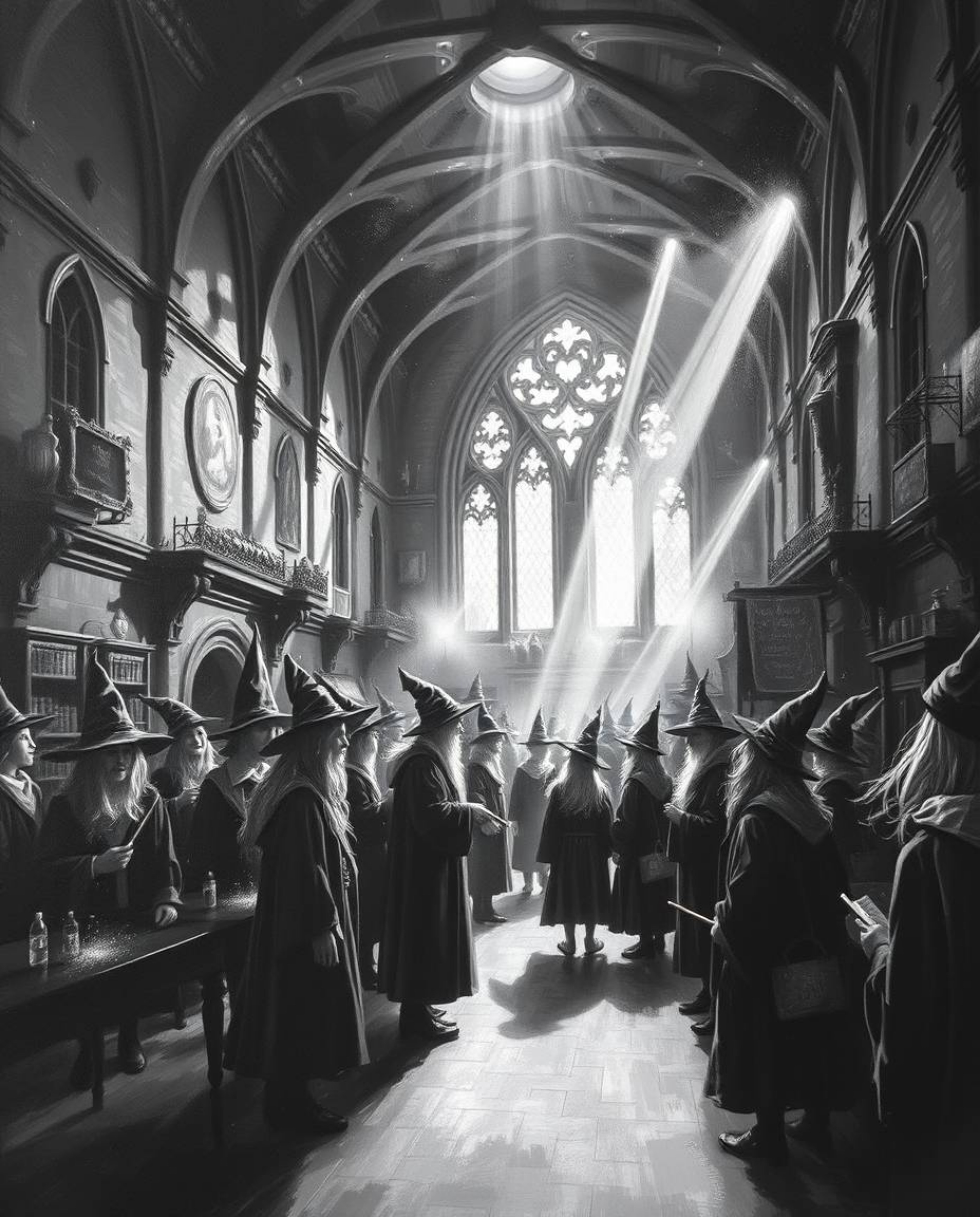 Immerse yourself in a classic black and white oil painting depicting a magical school teeming with young wizards. Experience 