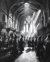 Immerse yourself in a classic black and white oil painting depicting a magical school teeming with young wizards. Experience 