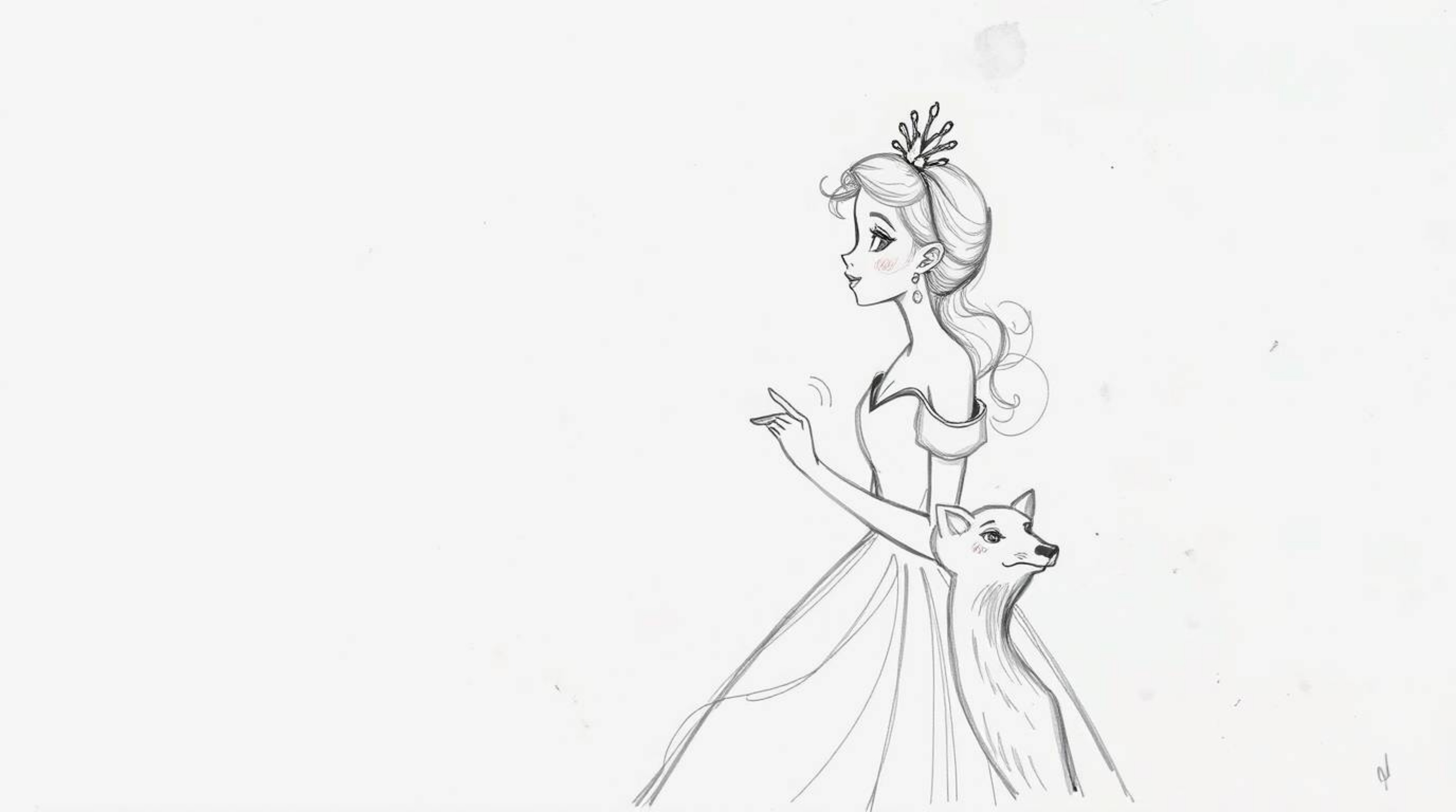 A captivating hand-drawn sketch depicts a graceful and elegant princess, rendered in a vintage 2D animation style. She is si