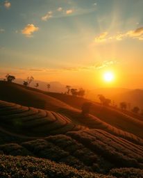 A vibrant sunset over terraced tea plantations, rendered in a hyperrealistic style with a strong, warm golden glow, harsh sha