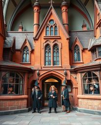 Capture the enchanting essence of a magical school teeming with young wizards in this precise architectural color photograph.