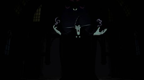 A captivating pure black image featuring a classic Disney villain casting a spell within the aged walls of an old castle. The