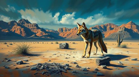 A stunning cinematic oil painting captures a coyote in the heart of the dramatic desert, meticulously setting up a ridiculous