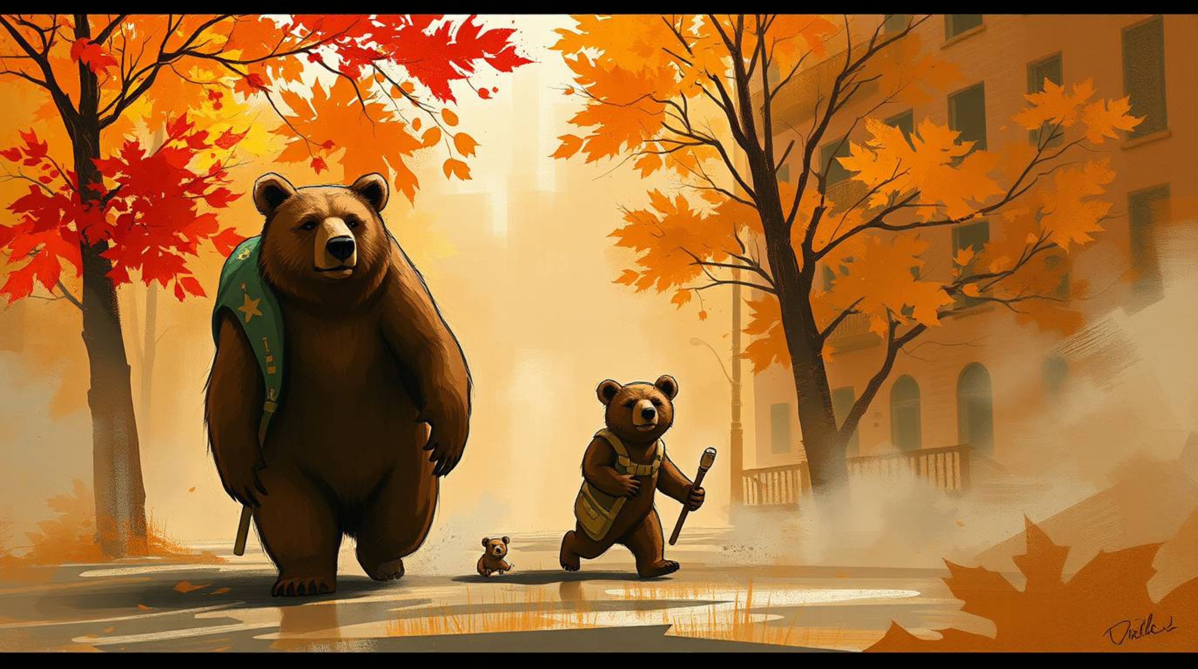 A captivating digital painting depicts a bear family embarking on a whimsical urban adventure.  Rendered in warm autumn hues 