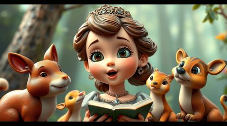 An adorable princess with charming and cute features is depicted singing with forest animals in a vintage 2D animation style,