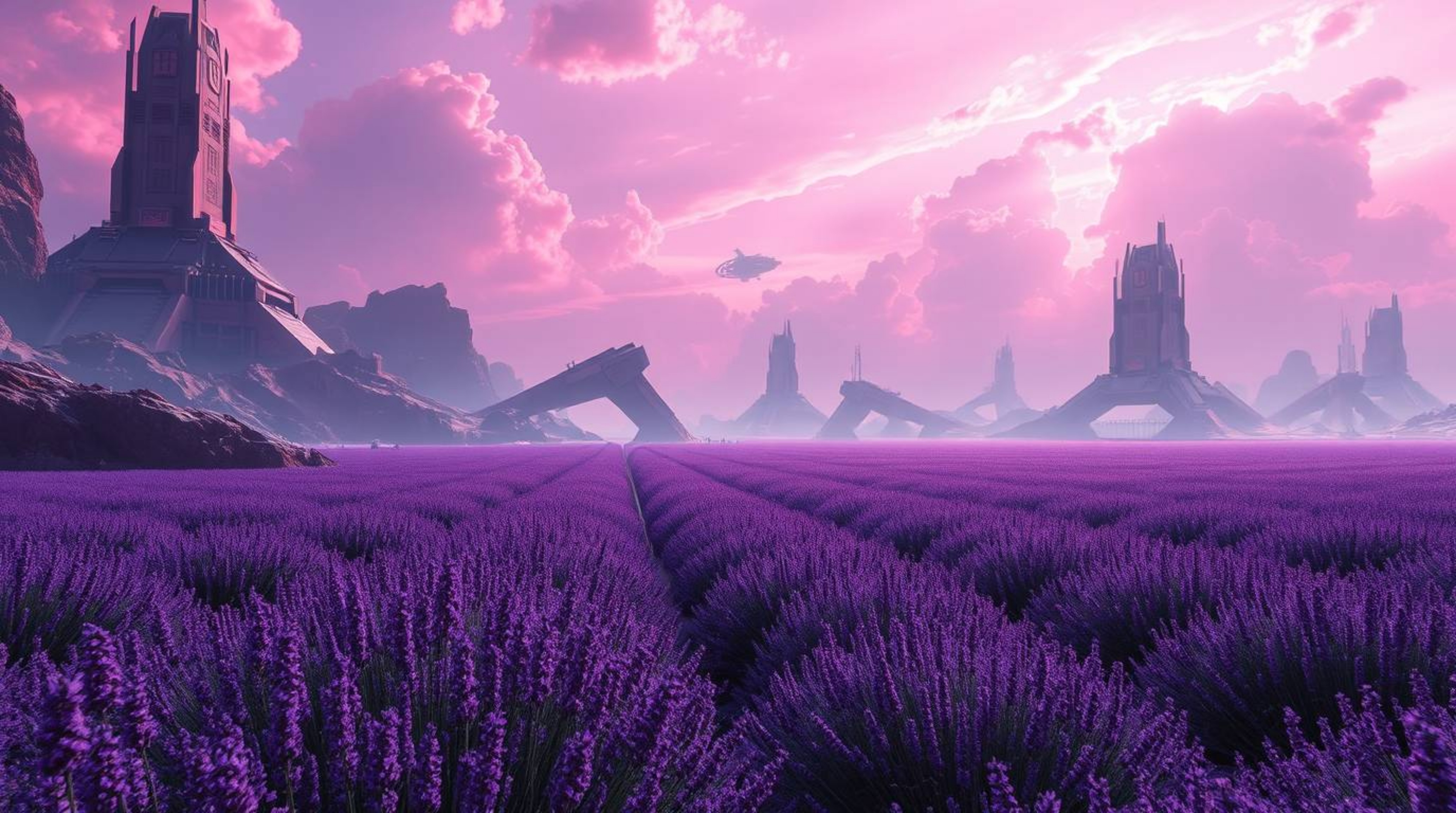 Immerse yourself in a futuristic sci-fi digital painting depicting a grand epic scene. Lavender fields glow vibrantly beneath