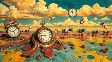 A vibrant cast bronze surface rendering depicts a surreal dreamscape featuring melting clocks and floating cows, rendered in 
