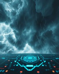 A dramatic low-angle photograph showcases a futuristic digital interface with geometric patterns and a holographic aesthetic,