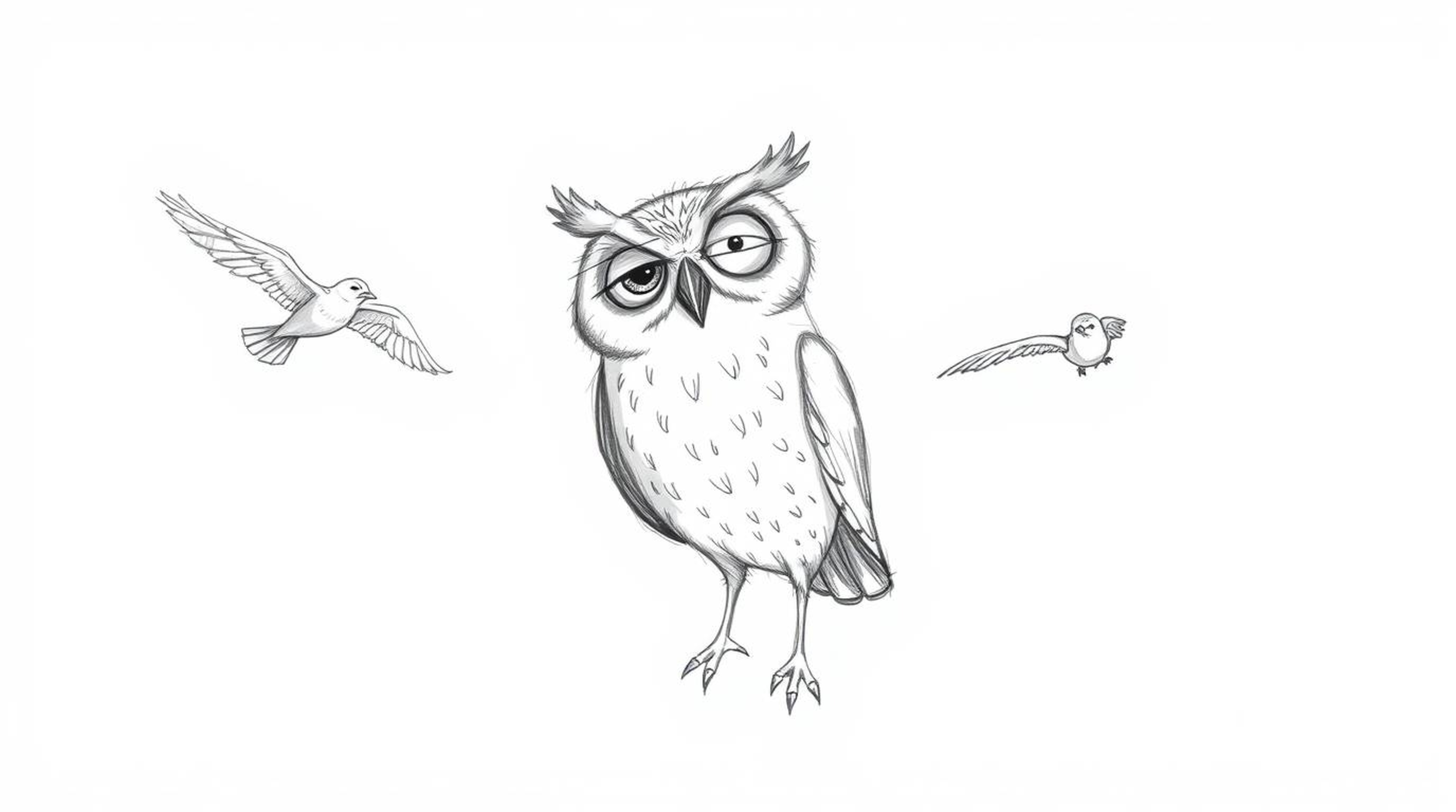 A Pixar-style hand-drawn sketch depicting a heartwarming scene of a blind owl teaching birds to fly in perfect harmony. The i