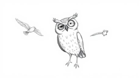 A Pixar-style hand-drawn sketch depicting a heartwarming scene of a blind owl teaching birds to fly in perfect harmony. The i