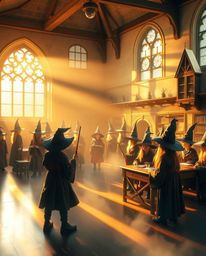Immerse yourself in a magical school bathed in the warm golden hour light, filled with young wizards and a gentle, soothing a