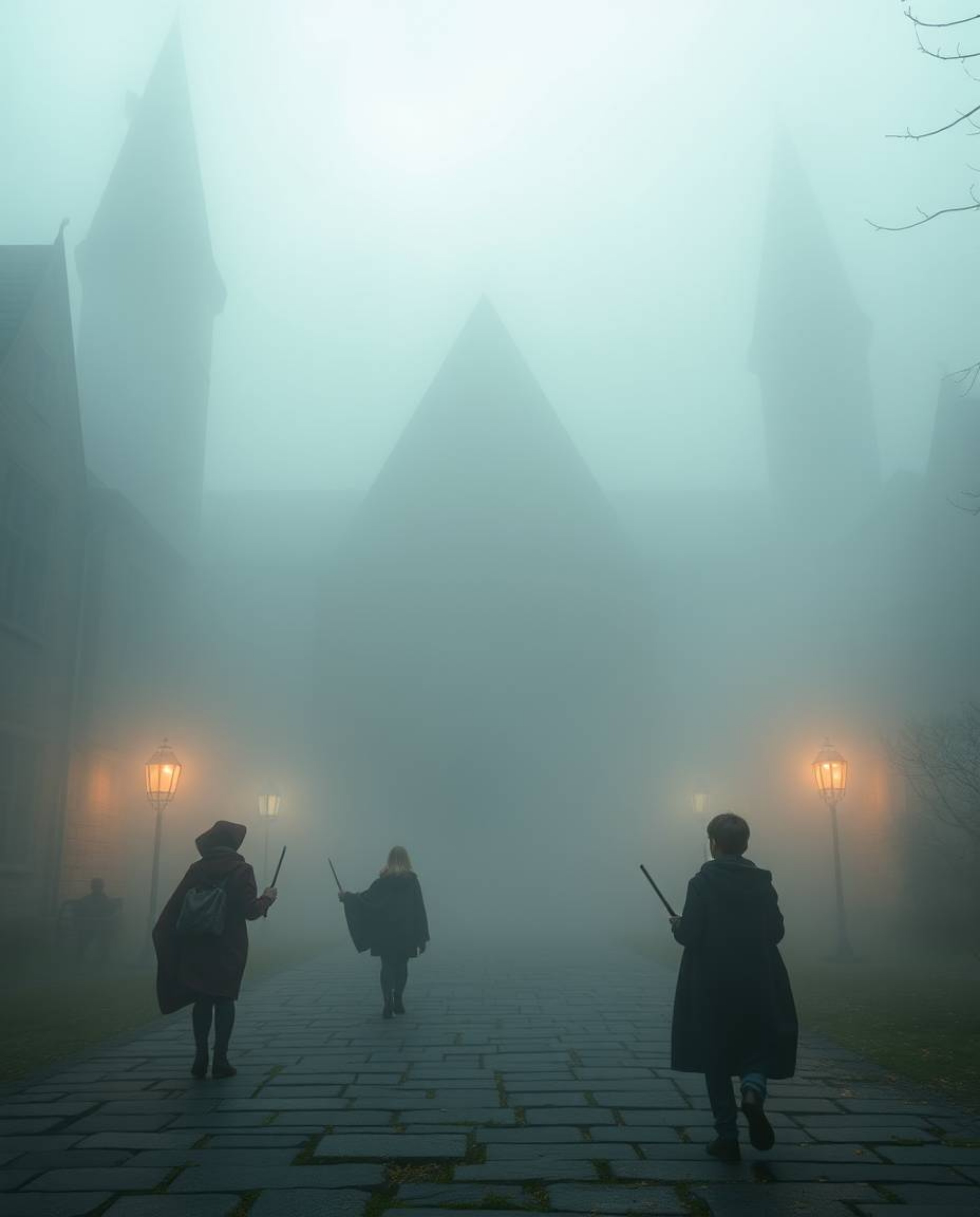 Explore a captivating high-resolution stock photo of a magical school enveloped in thick fog, creating an atmosphere of low v