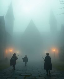 Explore a captivating high-resolution stock photo of a magical school enveloped in thick fog, creating an atmosphere of low v