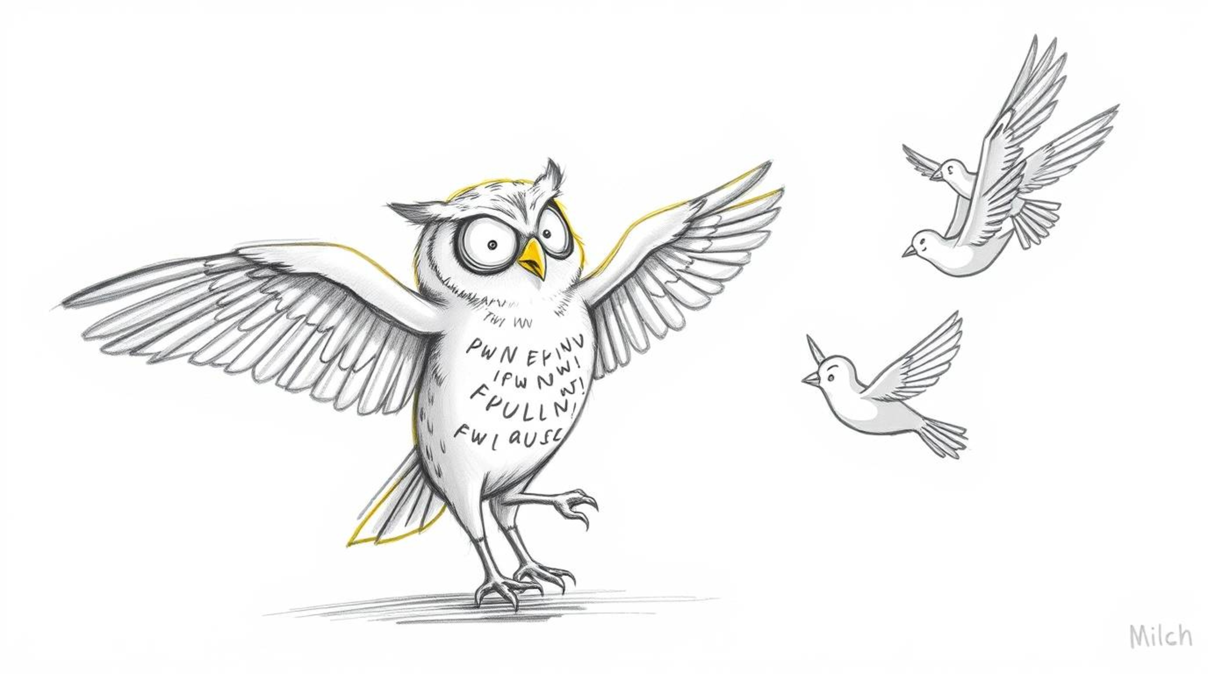 A heart-warming, Pixar-inspired hand-drawn sketch depicts a blind owl with radiant, glowing feathers bathed in a sunbeam, ten