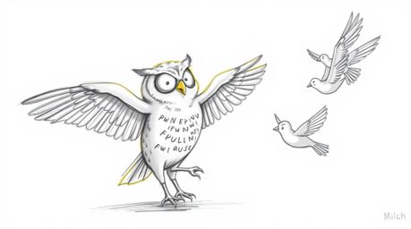A heart-warming, Pixar-inspired hand-drawn sketch depicts a blind owl with radiant, glowing feathers bathed in a sunbeam, ten
