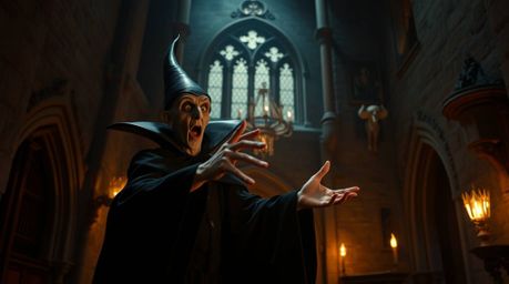 A captivating photo showcasing a classic Disney villain casting a spell within the eerie confines of an old castle.  Shot in 
