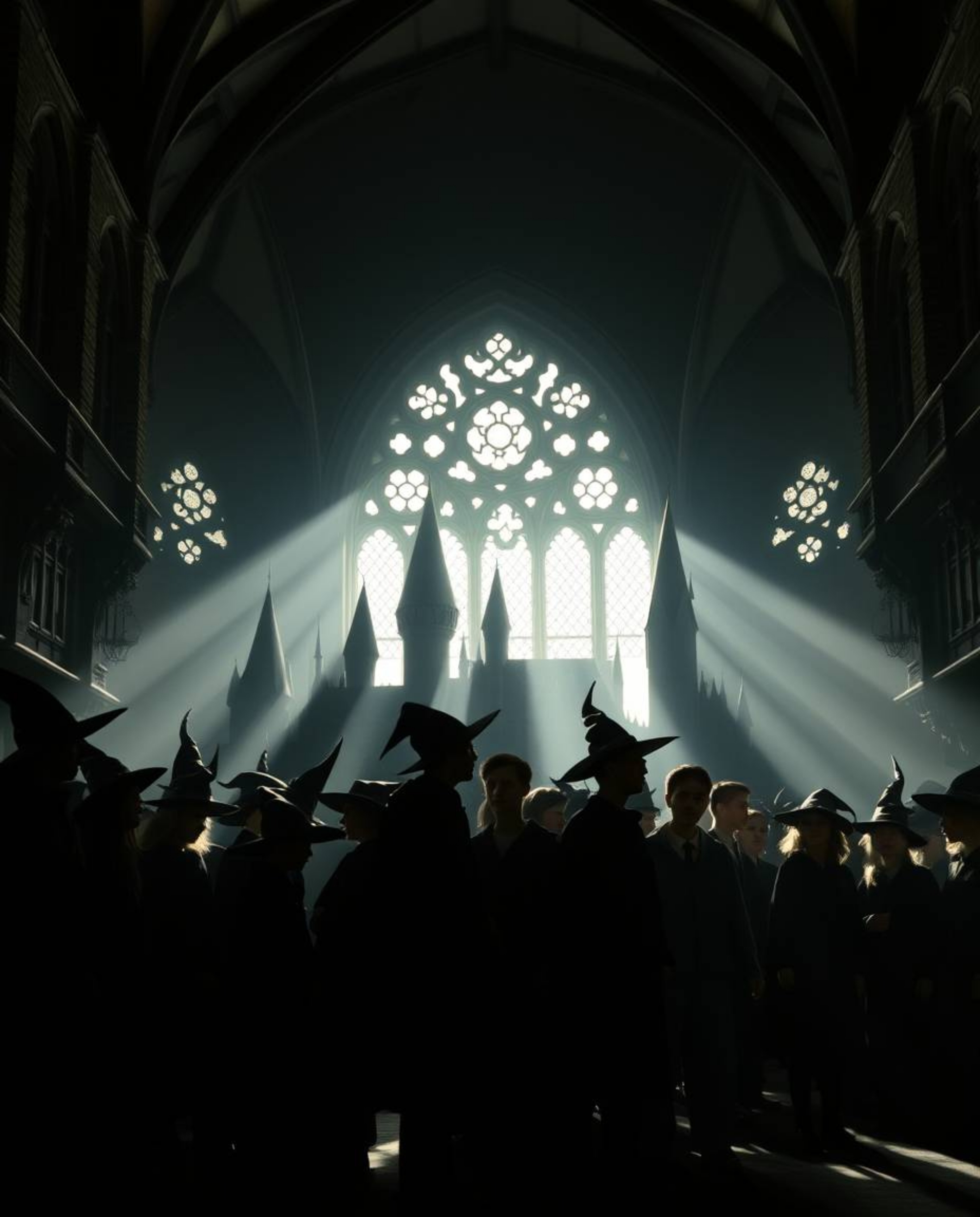 Discover a captivating image of a magical school filled with young wizards.  Silhouetted against a vibrant backlight, the sce