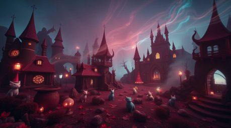 This rich burgundy and deep blue long exposure photograph captures a fantastical kingdom brimming with quirky, magical creatu
