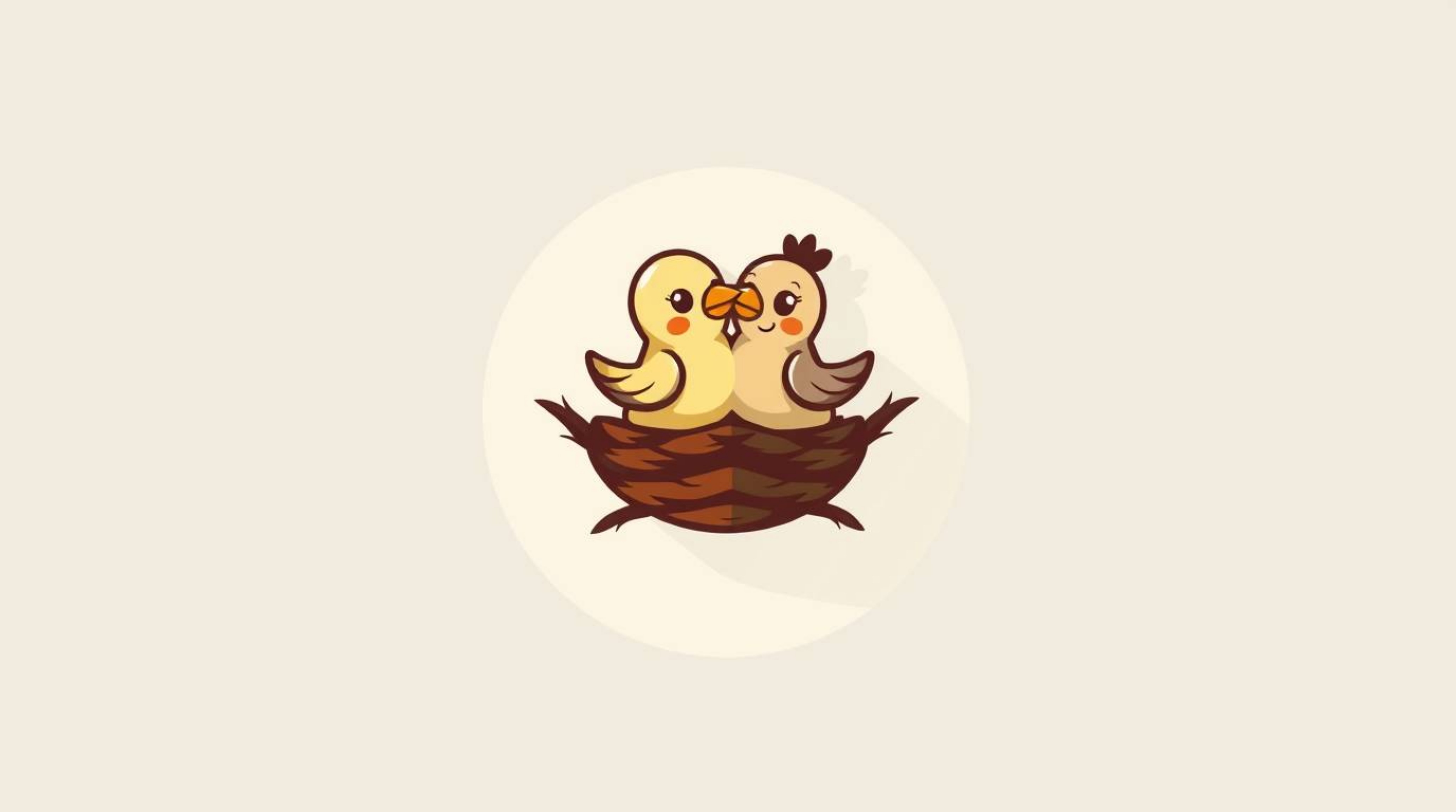 A charming logo showcases two cartoon birds diligently constructing a nest, rendered in a classic animation style. The desig