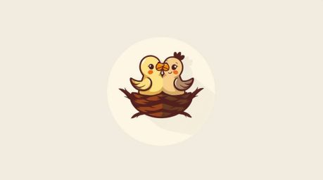 A charming logo showcases two cartoon birds diligently constructing a nest, rendered in a classic animation style. The desig