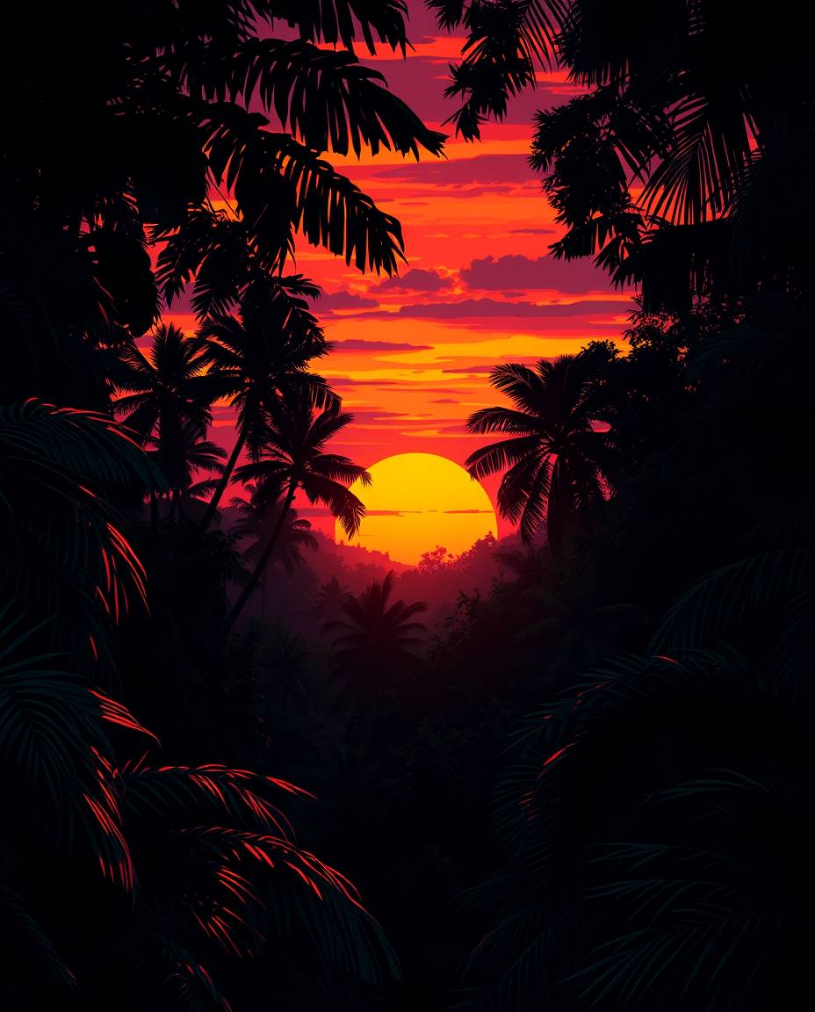 A high-contrast, low-key illustration depicts a sunset filtering through a dense jungle canopy. This artwork is characterized