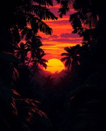A high-contrast, low-key illustration depicts a sunset filtering through a dense jungle canopy. This artwork is characterized
