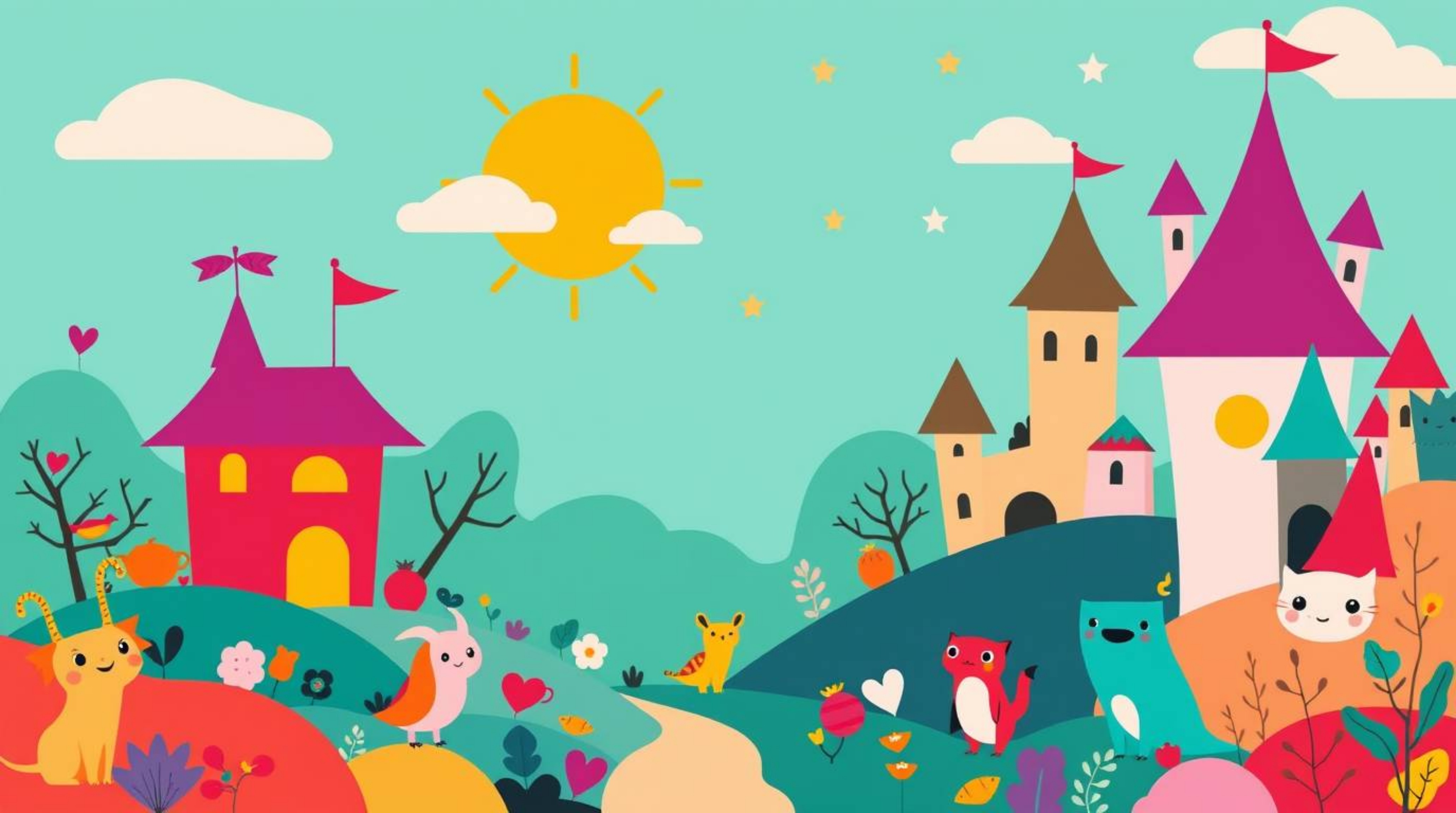 Explore a vibrant fantasy kingdom rendered in a modern flat design style, brimming with quirky magical creatures and defined 