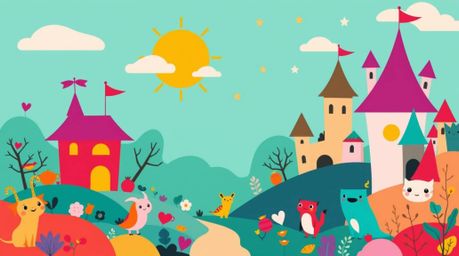 Explore a vibrant fantasy kingdom rendered in a modern flat design style, brimming with quirky magical creatures and defined 