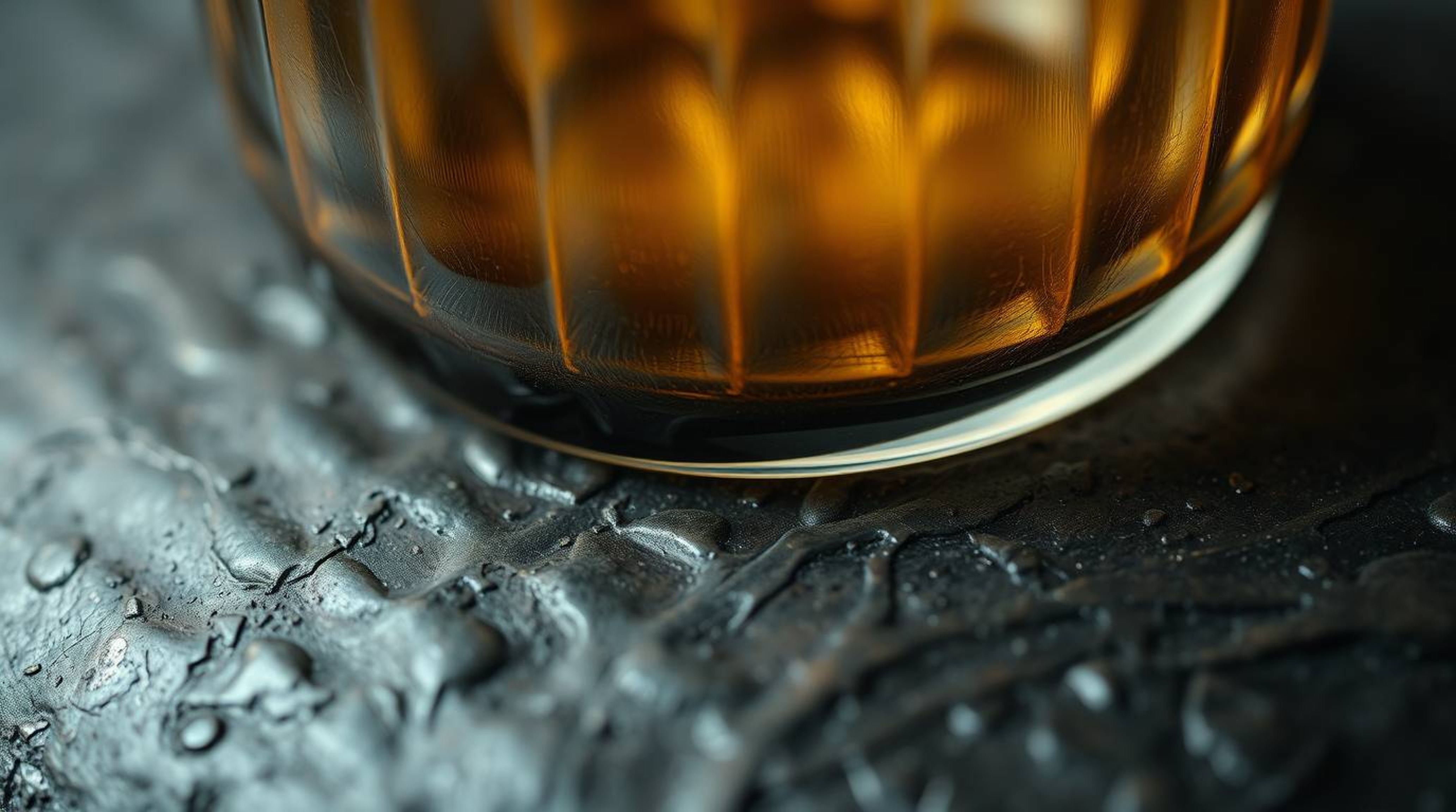 A mesmerizing close-up detail of a glass object reflects smooth gradient textures onto a cast bronze surface, creating an eer
