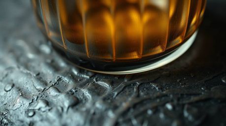 A mesmerizing close-up detail of a glass object reflects smooth gradient textures onto a cast bronze surface, creating an eer