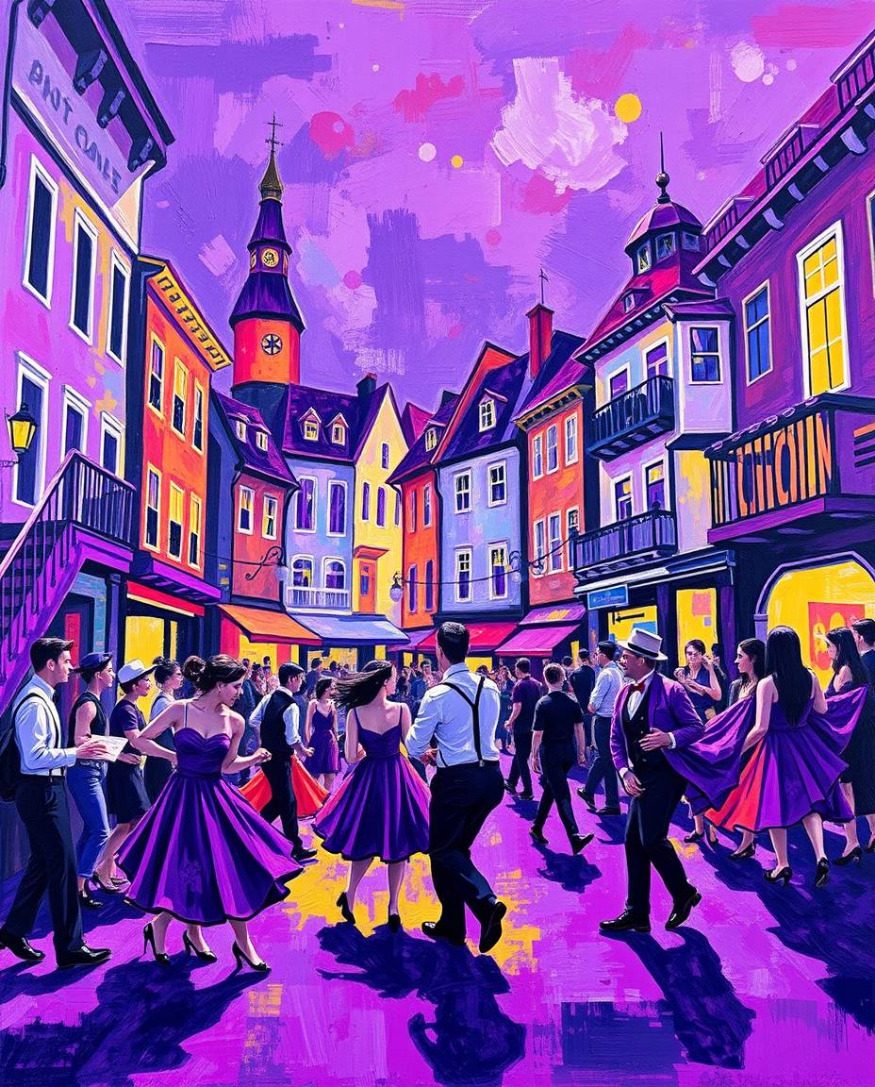 A vibrant musical number comes to life in a bright town square captured in a bold acrylic painting. The artwork utilizes deep