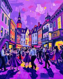 A vibrant musical number comes to life in a bright town square captured in a bold acrylic painting. The artwork utilizes deep