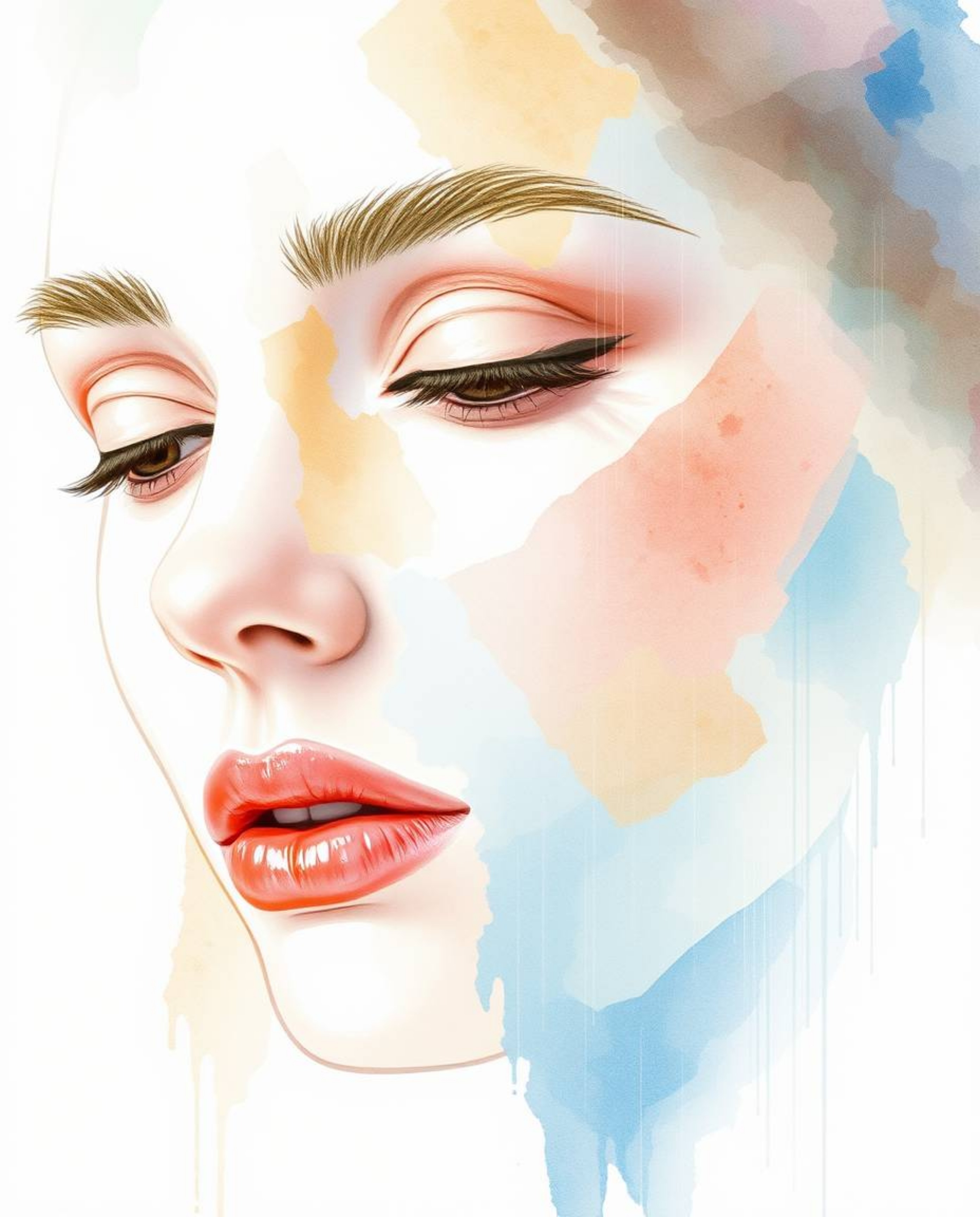 This captivating artwork blends traditional watercolor techniques with modern digital glitches. A human face, rendered with d