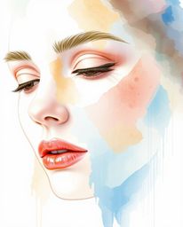 This captivating artwork blends traditional watercolor techniques with modern digital glitches. A human face, rendered with d