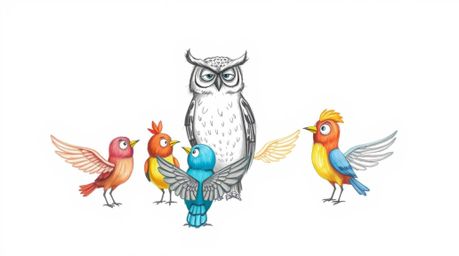 A heartwarming scene unfolds in a Pixar-style hand-drawn sketch where a wise, blind owl guides colorful birds. These birds, i