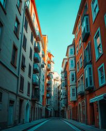 Experience a surreal streetscape where buildings defy gravity, folding and twisting in a mesmerizing dance of warm terracotta