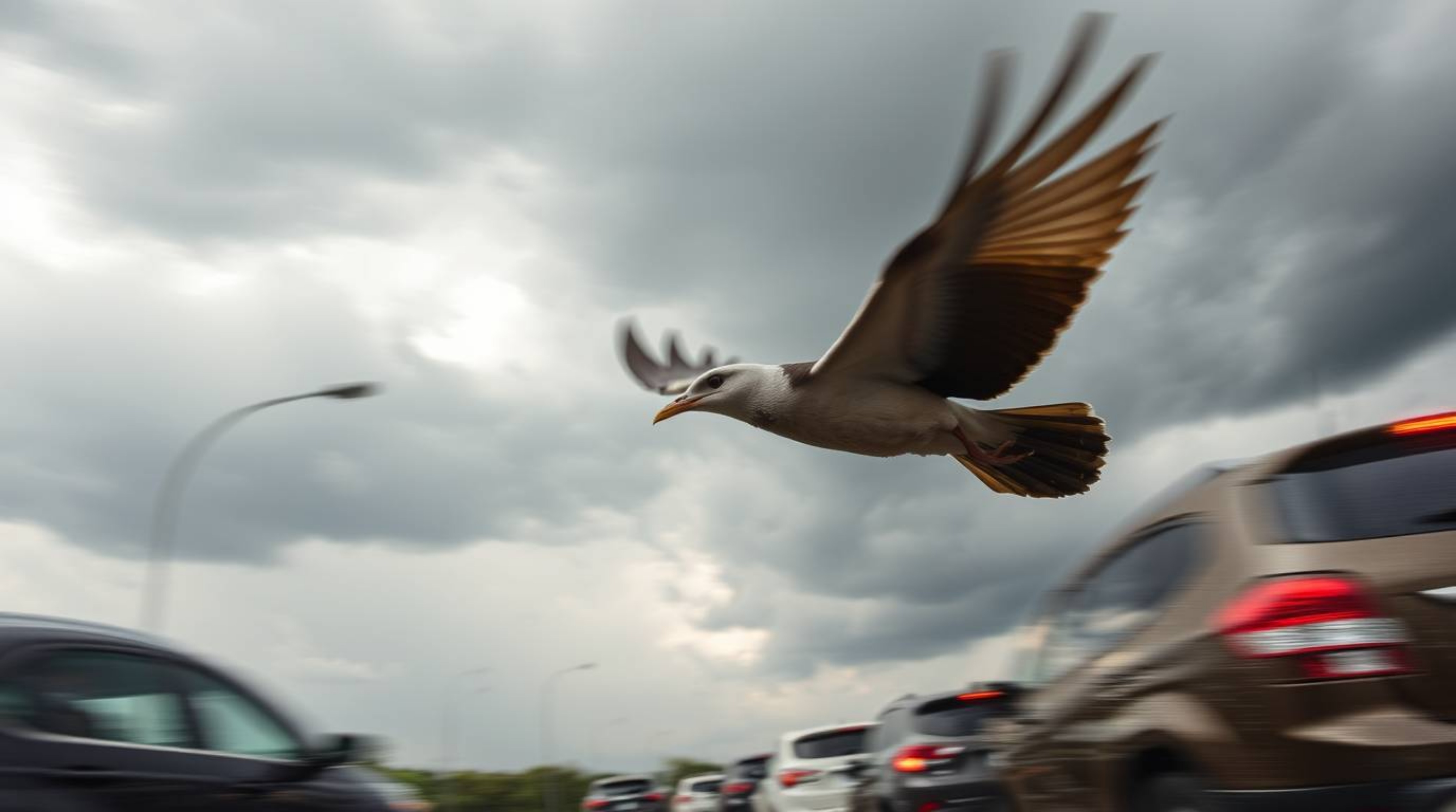 This high-resolution stock photo captures a captivating scene of a fast-running bird zooming past traffic under stormy skies.