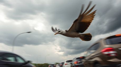 This high-resolution stock photo captures a captivating scene of a fast-running bird zooming past traffic under stormy skies.