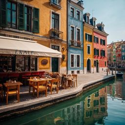 Discover a charming canal-side café nestled in a vibrant European city. Enjoy picturesque views from tables right by the wat