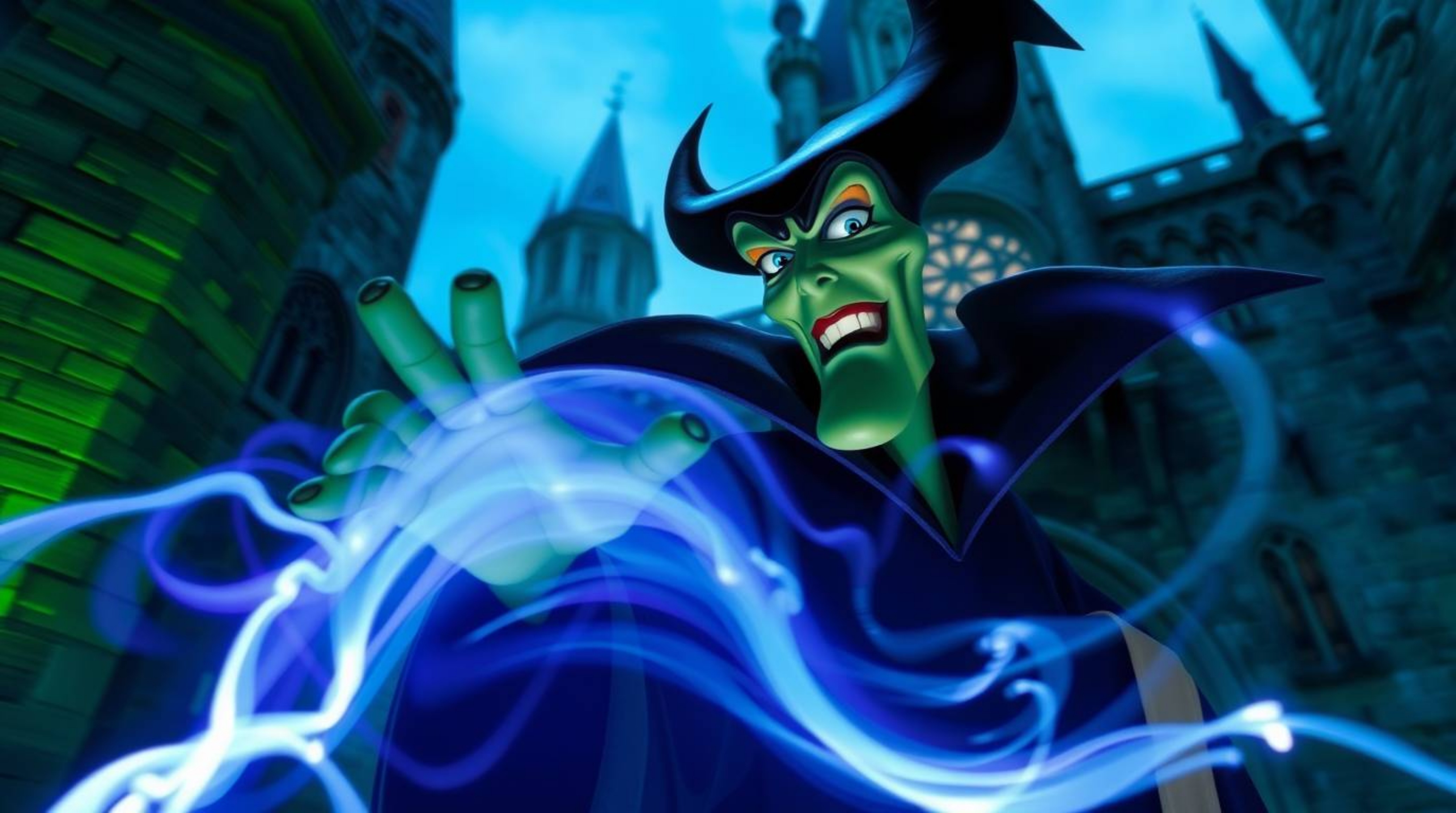 A captivating long exposure photograph depicts a classic Disney villain with sharp features and green skin casting a spell wi