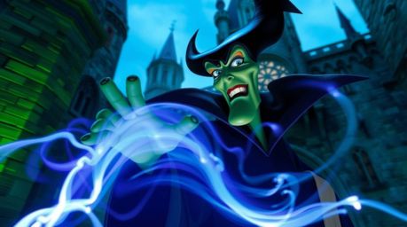 A captivating long exposure photograph depicts a classic Disney villain with sharp features and green skin casting a spell wi