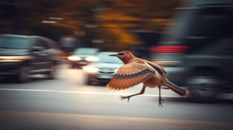 A captivating professional photograph showcasing a fast-running bird as it blurs past traffic in a warm autumnal setting. The