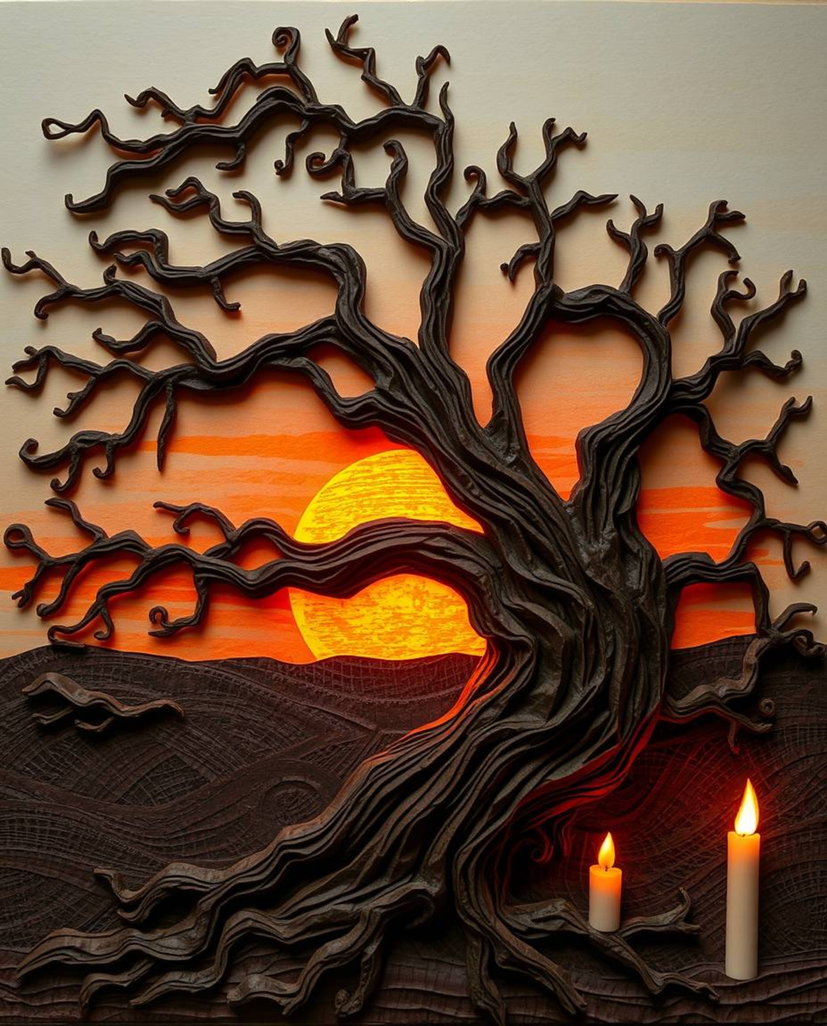 A papier-mâché sculpture of a sunset behind an old oak tree with twisted branches, illuminated by warm candlelight. The piece