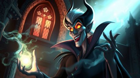 A digitally painted depiction of a classic Disney villain, possessing ethereal features and glowing eyes, casting a spell wit